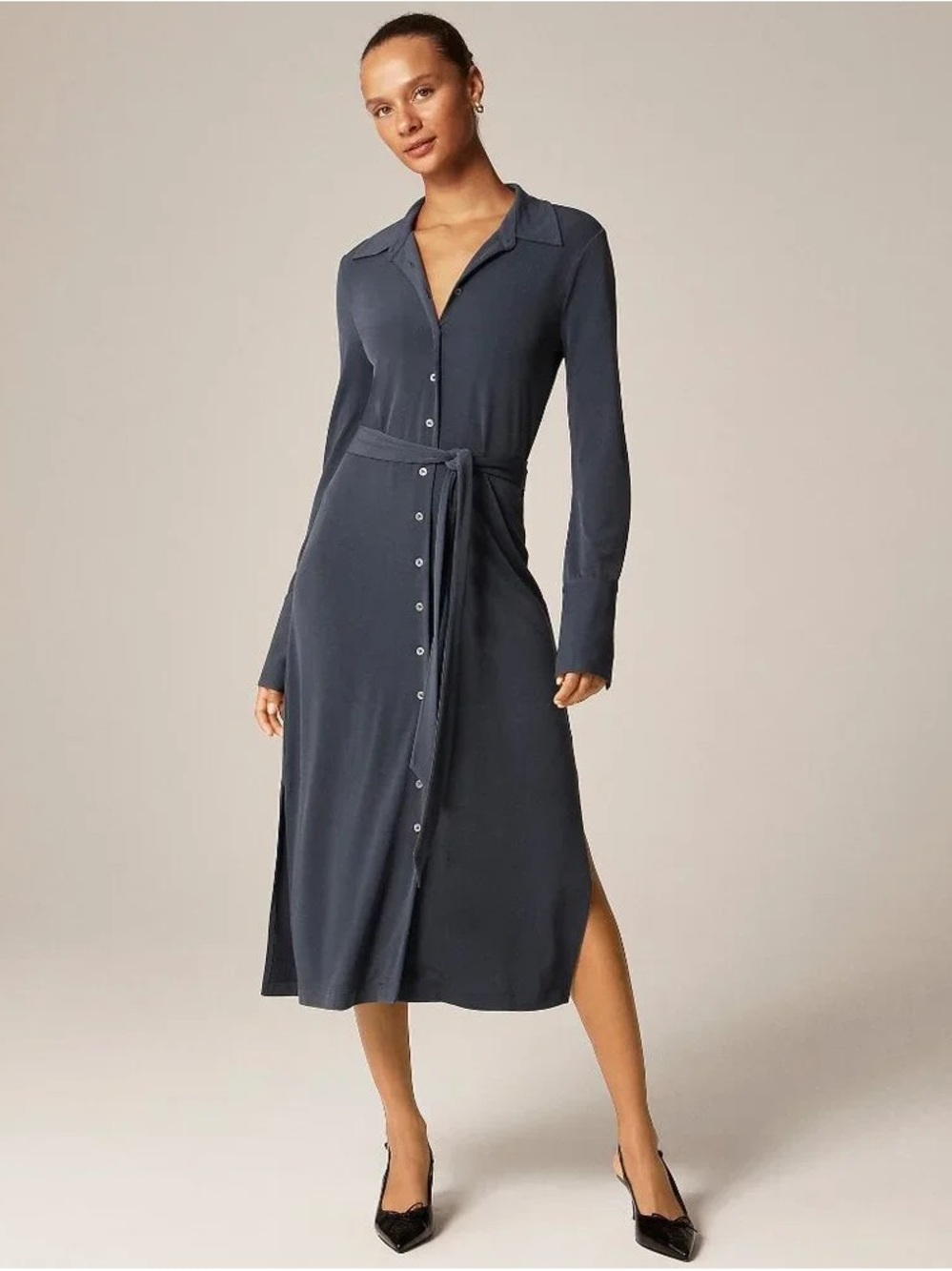 J. Crew Slate Button-Front Midi Dress with Self Tie